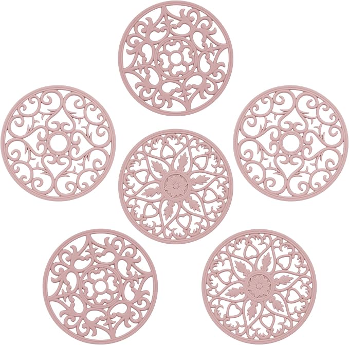 Silicone Trivet Mat for Hot Dishes Pots and Pans, Multi Purpose Trivets Mat -Heat Resistant Silicone Trivet Intricately Carved Hot Pads Set of 6 Pink
