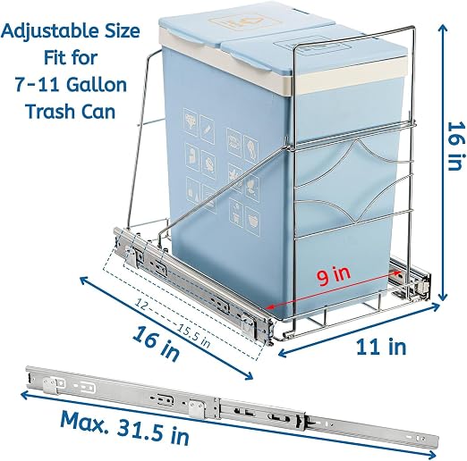Youeon Pull Out Trash Can Under Cabinet, Adjustable Stainless Steel Under Sink Trash Can Pull Out, Slide Out Garbage Shelf, Fit for 7-11 Gallon Trash Can(Not Included)