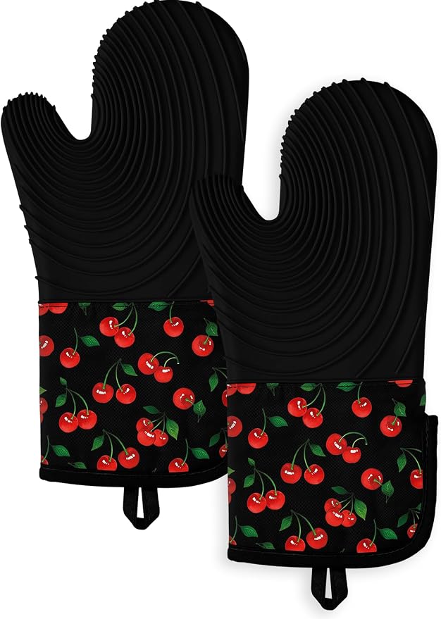 Slohif Long Silicone Oven Mitts Heat Resistant for Women - 2 Pcs Y2K Cherry 100% Cotton Oven Gloves, Non-Slip and Waterproof Silicone Oven Mitts with Hanger for Baking and Cooking