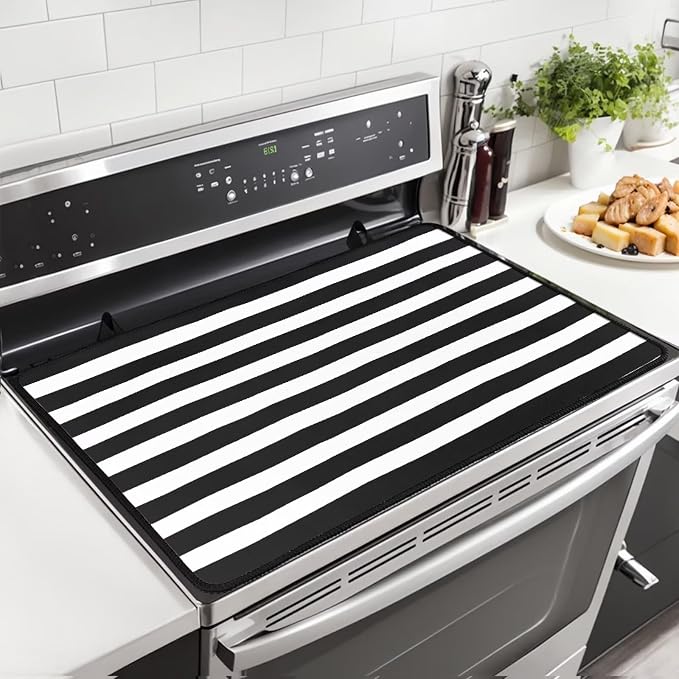 Black and White Striped Stove Top Covers for Electric Stove Geometric Stripe Simple Classic Glass Top Gas Stove Pad Heat Resistant Range Cooktop Mat for Kitchen 28"x20"