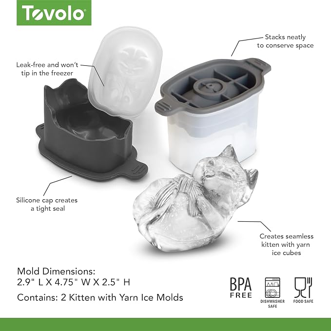 Tovolo Cat Ice Cube Mold with Yarn Pack of 2 Large Kitten Ice Molds for Whiskey Cocktails, Easy Fill No Leak Silicone Cat Shaped Ice Cube Gifts for Pet Lovers Stackable Dishwasher Safe BPA Free