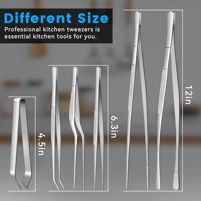 HOTEC Kitchen Tweezers Tongs Stainless Steel, Set of 6 - Professional Cooking Tweezers for Cooking, Chefs, BBQ, Seafood, Baking & Repair