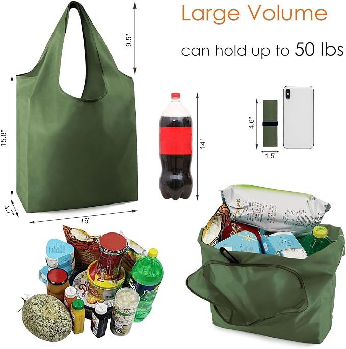 BeeGreen Dark Green Reusable Grocery Bags Bulk 10 Packs, Kitchen Reusable Shopping Bags 50LBS Large, Machine Washable Durable, Easily Foldable with a Storage Bag