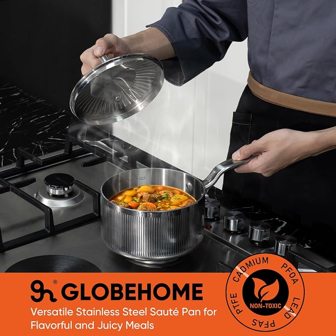 2 Quart 5-Ply Stainless Steel Sauce Pan with Lid | Dishwasher safe, Oven Safe to 800°F, Induction Ready, All cooktop compatible, PTFE/PFOA-free, Even & Rapid Heating