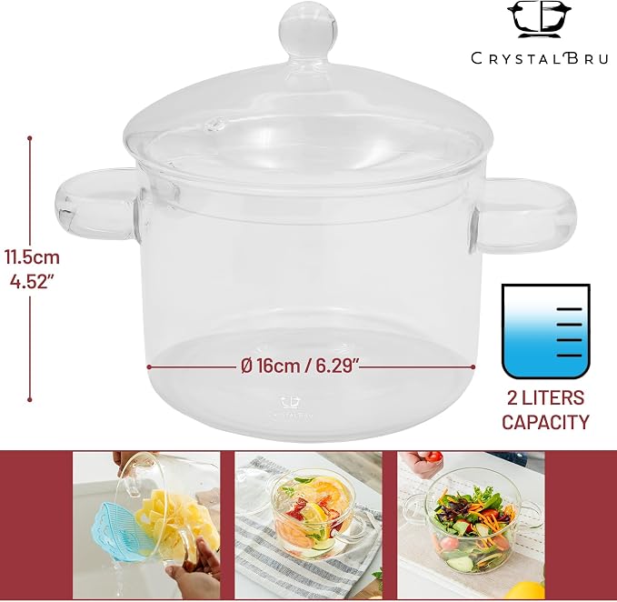 Crystalbru 2L Clear Glass Simmer Pot with Lid & Strainer | Heat-Resistant Borosilicate Glass Pot for Potpourri | Simmer Pot for Home Fragrance | Glass Pots for Cooking on Stove | Anti-Scald Handles