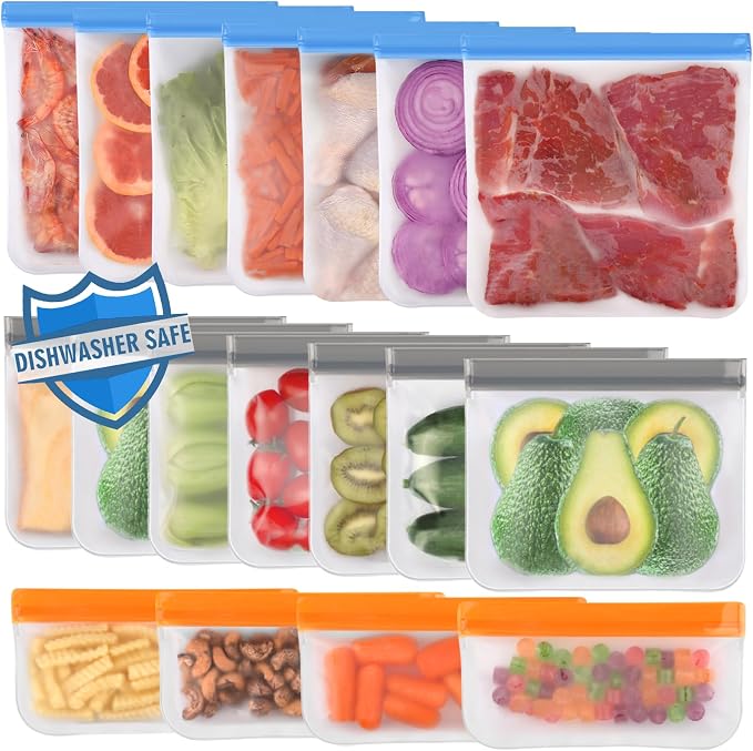 Lerine 18 Pack Reusable Freezer Bags Dishwasher Safe, Food Storage Bags | BPA-Free, Food-Grade Material, Leakproof, Extra Thick, Double-Seal, for Marinating Meats, Lunch, Sandwich, Snack, Travel