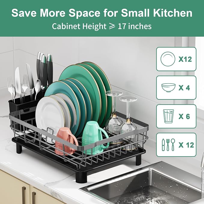 MOUKABAL Dish Drying Rack with Drainboard for Kitchen Counter, Grey | 13×17 Large Capacity/Rustproof Stainless Steel/Fast Drainage Dish Drainer/Removable Utensil Holder/Kitchen Counter Organizer