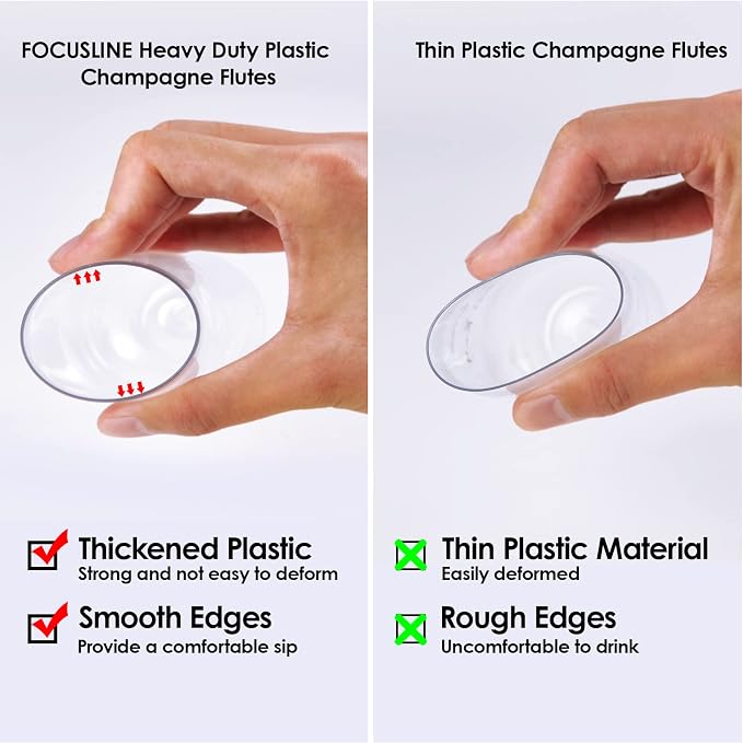 FOCUSLINE 24 Pack 9 Oz Plastic Stemless Gold Rim Champagne Flutes, Heavy Duty, Shatterproof, Disposable & Reusable Crystal Clear Toasting Glasses