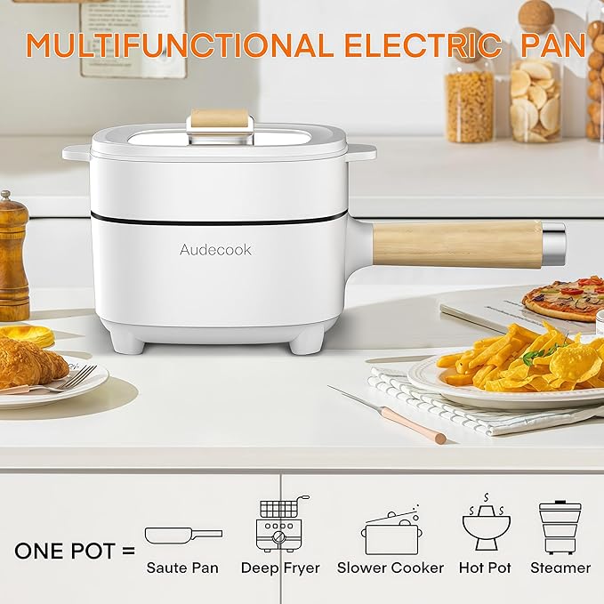 Audecook 2L Electric Hot Pot, Non-Stick Ramen Cooker with Cooking Rack | Dual Power Control Electric Pot For Cooking Steak, Egg, Ramen, Oatmeal & Soup | Portable Pot for Dorm, RV, Travel & Camping