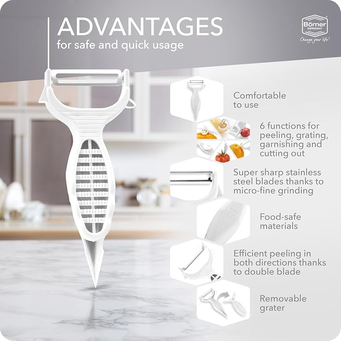 Borner 6-in-1 Fruit and Vegetable Peeler with Stainless Steel Double-Edged Blade, Multi function with Corer, Potato Eye Remover and Mini Grater, Made in Germany, White