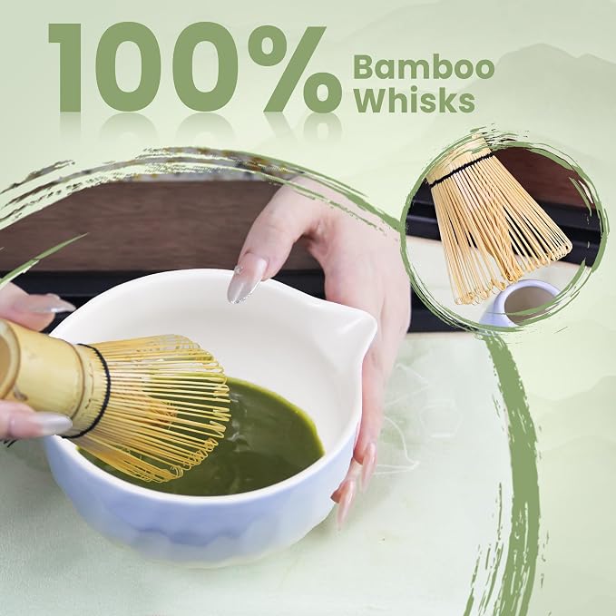 Matcha Whisk Set – Ceramic Matcha Bowl with Pour Spout, Bamboo Whisk, Whisk Holder, Scoop, Sifter – Japanese Matcha Kit for Beginners (Gradient Blue)