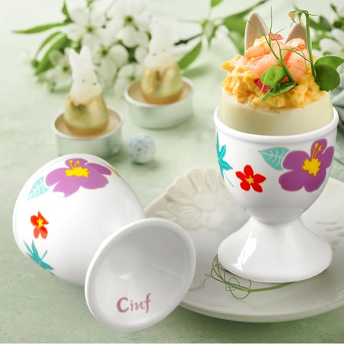 Cinf Easter Ceramic Egg Cups, Set of 2, Hawaii Flower Egg Holders | 2-piece ceramic egg cup set, festive floral design, easy to clean, perfect for boiled eggs, breakfast and Easter tables