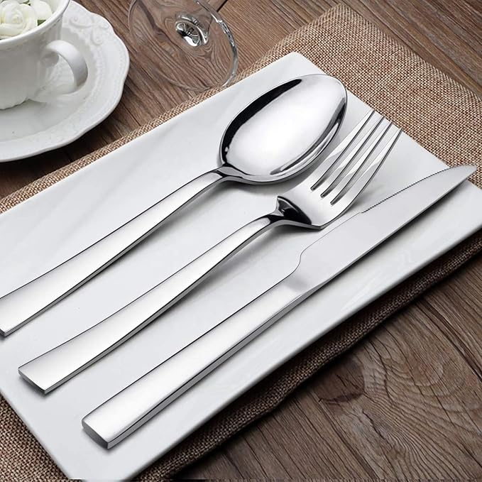 Silverware Set for 6, CXJY 30-Piece Stainless Steel Flatware Cutlery Set, Square Edge Kitchen Utensil Include Knives/Forks/Spoons, Tableware for Home/Hotel, Mirror Polished Dishwasher Safe