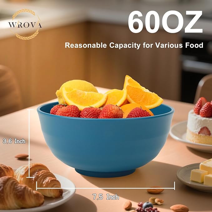 Big Salad Bowls for Kitchen, Premium 60oz Wheat Straw Bowls Set of 6, Unbreakable Cereal Bowls Popcorn Bowls Reusable, Microwave Safe Salad Bowls Large Serving for Fruit,Rice and Oatmeal- Blue