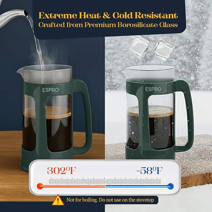 ESPRO P3 French Press Coffee Maker, 32oz, Green, Double Micro Filter Press | Grit-Free Coffee Press, Thicker Borosilicate Heat Resistant Glass french press, Tea Press, Easy Coffee Brewer, Tea Brewer