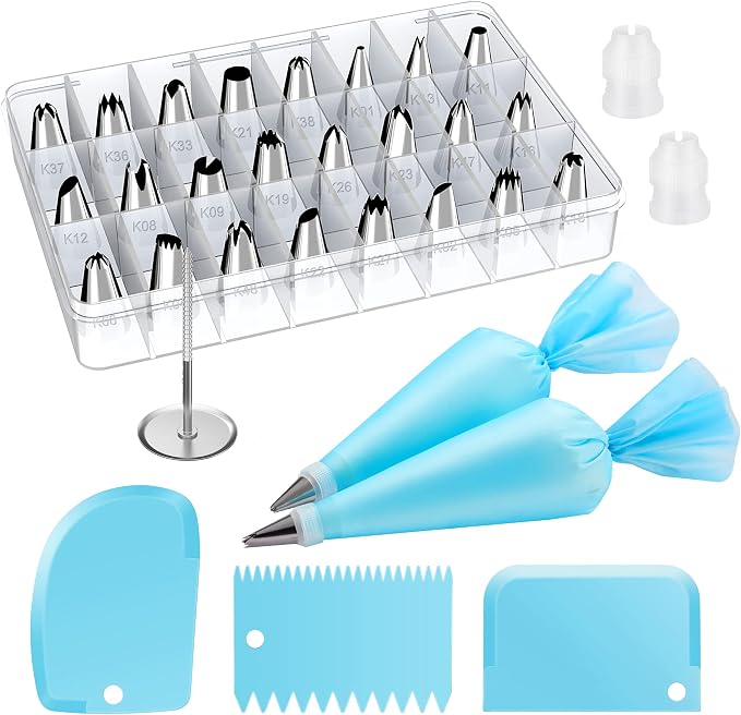 Kootek 32 Piping Bags and Tips Set Frosting Piping Kit for Beginners & Pros | Storage Case, Baking Supplies Tools, 24 Icing Tips, 2 Reusable Piping Bags, 3 Scrapers, for Cupcake Cookie Cake Decorating