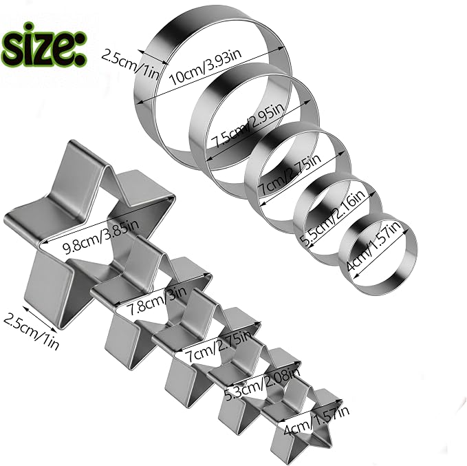 10PCS Round Cookie Cutter & Star Cookie Mold, Stainless Steel Kitchen Baking Supplies, Sandwich Cutters, 5 Sizes for Fondant Cake, Cookies, Biscuits & DIY Party Decor (Round-Star)