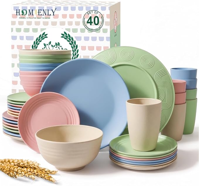Kitchen Plates and Bowls Set 40 PCS Microwave and Dishwasher Safe Wheat Straw Dinnerware Sets Dish Sets for 8 Kitchen Plate Set for Camping, RV, Party, Apartment, Picnic, Kids-Multilight
