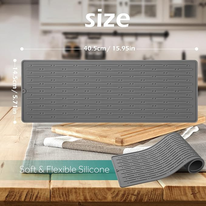 Dish Drying Mats, Heat-resistant Silicone Mat for Kitchen Counter, Non-Slip Dish Dry Mat Dishwasher Safe Large, Gray