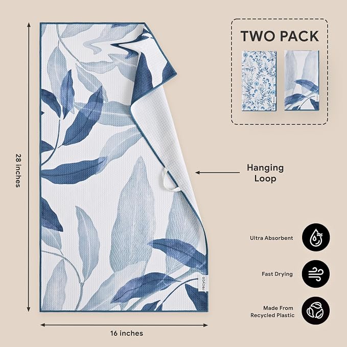 RECYCO Waffle Kitchen Towel Set of 2 - Quick Dry Microfiber Sustainable Dish Towels - Ultra Absorbent Reusable Cleaning Tea Towels - Lightweight Hand Towels,16”x 28”, Stormy Blue