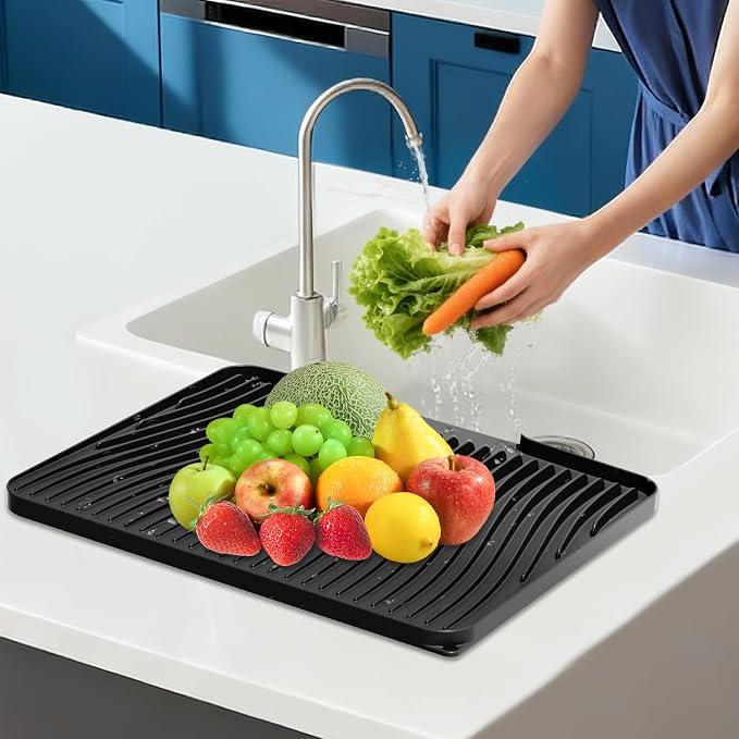 Silicone Dish Drying Mat for Kitchen counter | 15.8"x13" Dish Drainer Mat,Heat-Resistant Kitchen Counter Mat & Over-Sink Drying Tray,Can Be Hung,Black