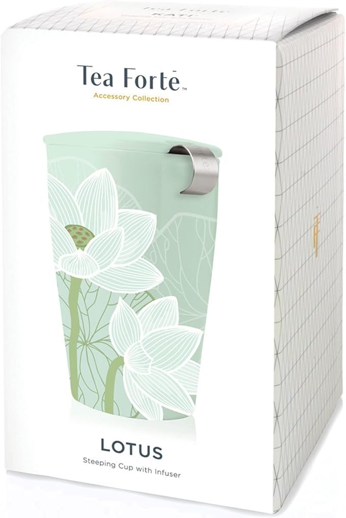 Tea Forte Double-Walled Ceramic Kati Cup, Lotus Blossom, 12 oz | Insulated Ceramic - Stainless Steel Loose Leaf Infuser - Keeps Tea Hot Longer - Lid Included - Microwave & Dishwasher Safe