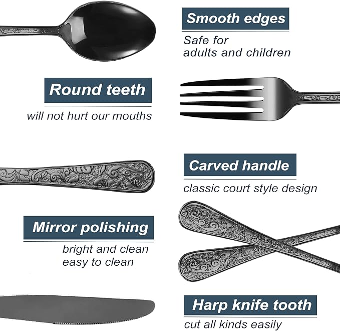 Runfly Vintage Carved Black Stainless Steel 20-Piece Flatware Set | Silverware Set, Modern Embossed Cutlery Set Utensils Kitchen Including Fork Spoon and Knife