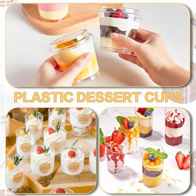 mwellewm 400 Pcs Dessert Cups with Lids and Spoons, 5 OZ Parfait Cups 3 OZ Plastic Desert Cups Clear Mini Shooter Cups for Party Reusable Small Appetizer Serving Fruit Cup Ice Cream Cake Pudding