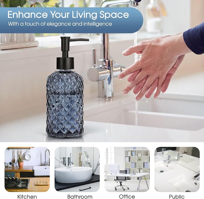 Topsky Gem Glass Soap Dispenser with Black Plastic Pump, 13oz Liquid Hand Soap Dispenser, Rustproof Pump for Kitchen & Bathroom, Great for Lotions, Essential Oil, Liquid Soaps-Grayish Blue