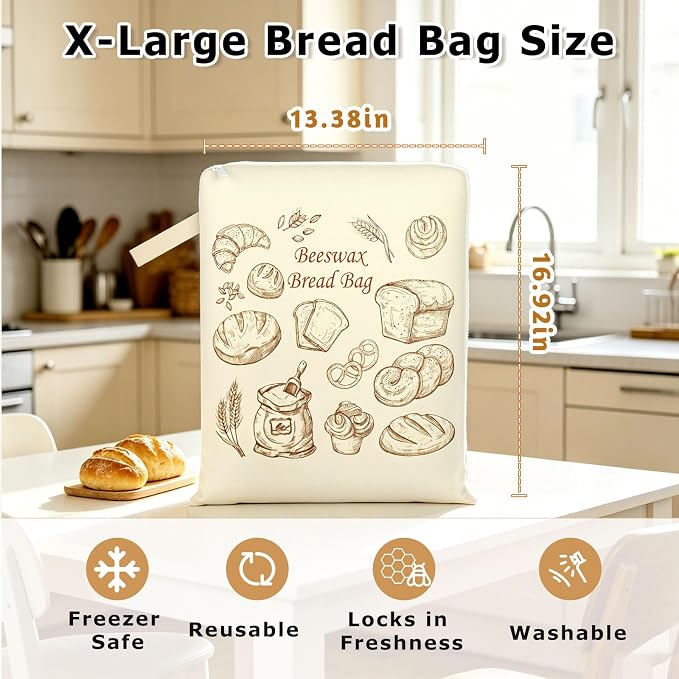 2 Pack Reusable Cotton Sourdough Beeswax Bread Bags with Wide Zipper, Beige | XL(13.3x16.9in) Portable Bread Storage with Handle, Washable, Keep Fresh, Fit Homemade Sourdough Bread, Ideal for Gift-Giving