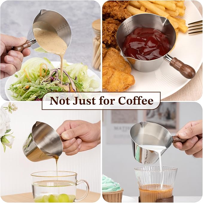 Amrules 6.8oz Espresso Measuring Cup with Wood Handle & Double Spout,Silver | 18/8 Stainless Steel & Wood Handle, V-Shaped Spout for Precision Pouring, Clear Scale Markings, for Coffee, Milk, Tea & Syrup
