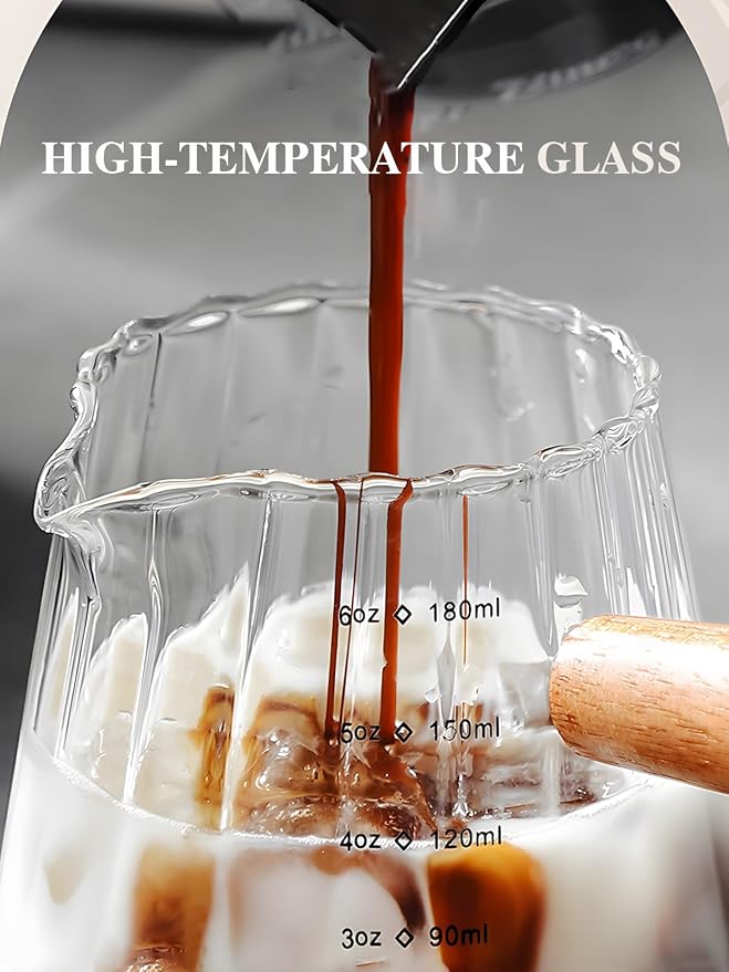 TIWPAJS Espresso Cups 6OZ, Espresso Accessories, Expresso Shots Cup, Espresso Shot Glass with V-Shaped Mouth, Ribbed Milk Frothing Pitcher, Glass Measuring Cup