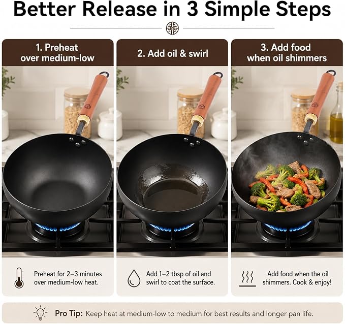 WANGYUANJI 9.5-Inch Carbon Steel Wok with Lid, Flat Bottom Stir Fry Pan | Deep 3.5 QT bowl for 1–2 servings; smooth carbon steel surface; flat base for induction, gas, electric and ceramic cooktops