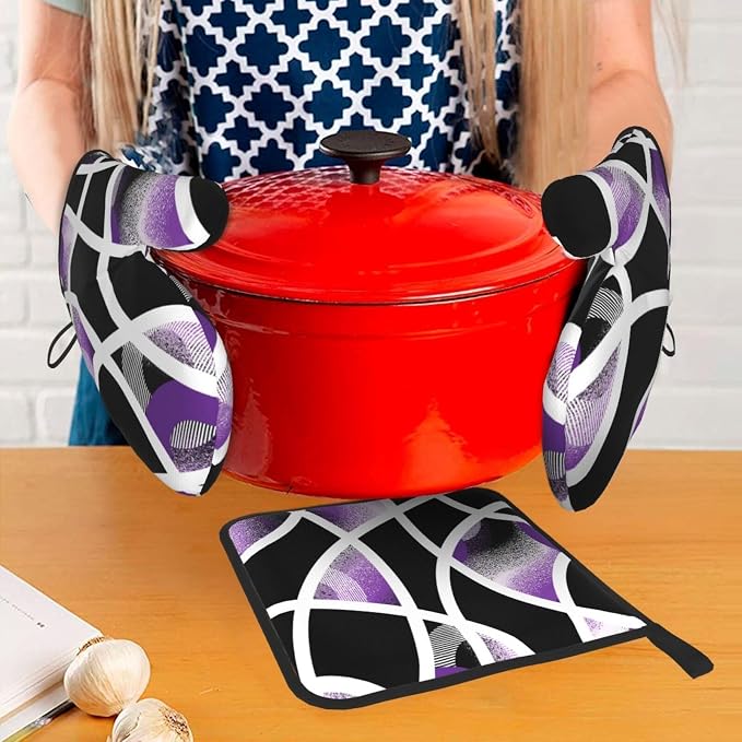 3-Piece Purple Black Abstract Geometric Oven Mitts and Pot Holders Set, Heat Resistant Modern Art Kitchen Gloves Hot Pads for Baking Cooking Grilling, Chef Gifts for Cooking Lovers, Home Decor, Purple