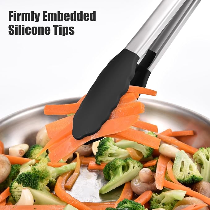 Doosu Kitchen Tongs with Silicone Tips for Cooking Serving (12in, Black) | 600°F Heat Resistant Food Tong, Heavy Duty Stainless Steel Locking Tong for BBQ, Grilling Steak, Salad, Toast, Pasta