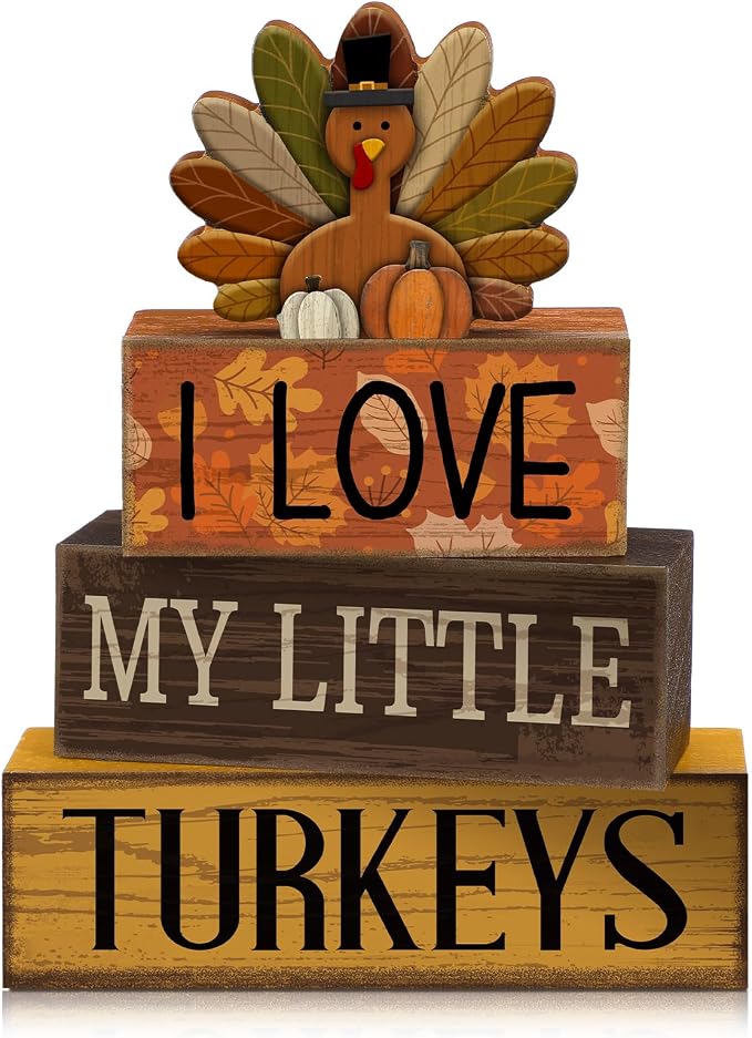 Lineshading 4 Pcs Thanksgiving Block Signs, I Love My Little Turkeys Wood | Farmhouse Tabletop Decor with Turkey Topper, Rustic Tiered Tray Decorations, Stacked Signs for Fall Autumn Mantel Table