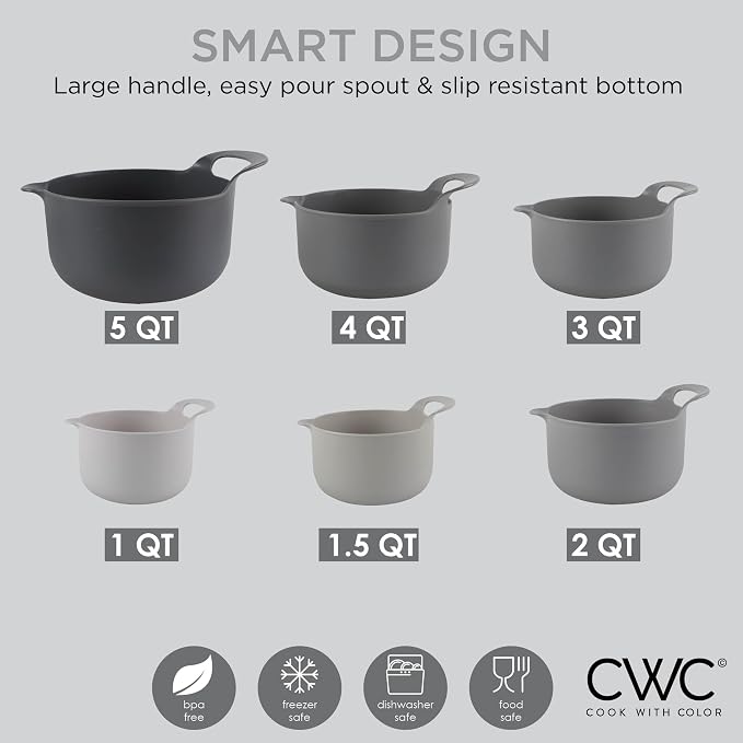COOK WITH COLOR Nesting Plastic Mixing Bowl Set with Pour Spouts and Handles, Gray, 6 Piece Non-Slip