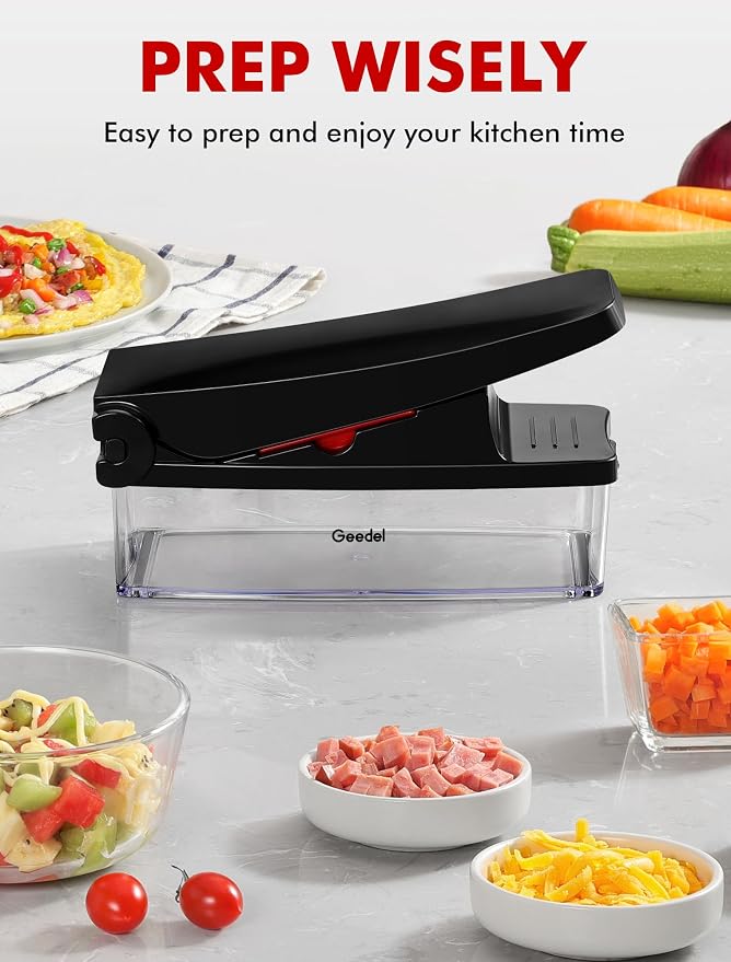 Geedel Vegetable Chopper, Onion Chopper Pro Food Chopper, Kitchen Vegetable Slicer Dicer Cutter Grater, Veggie Chopper with container for Salad Onion Potato Carrot (4 in 1, Red) | Onion Chopper, 420 Stainless Steel, Safety Lock, Dishwasher Safe, No BPA...