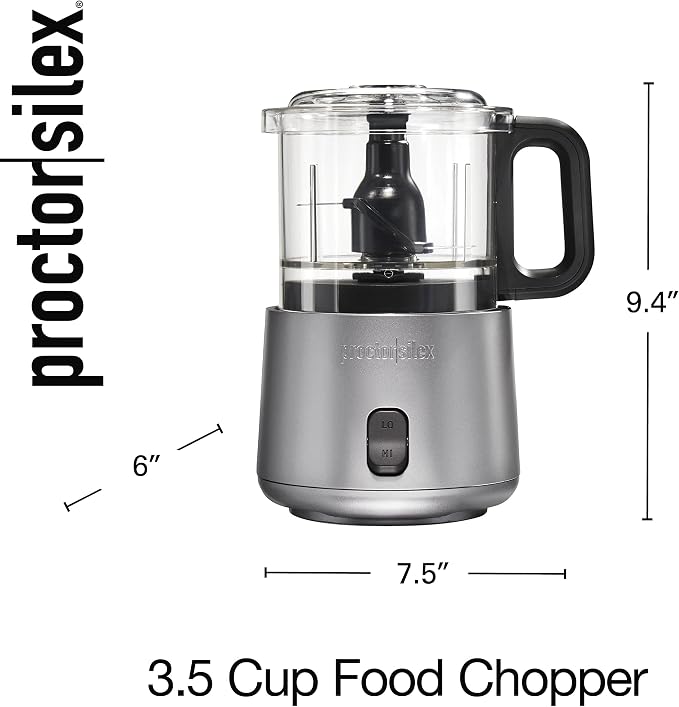Proctor Silex Durable Electric Vegetable Chopper & Mini Food Processor | 3.5 Cup Bowl | 2 Speeds For Chopping, Puree & Emulsify | Stacking Design For Easy-Assembly | 350 Watts | Silver | 72870