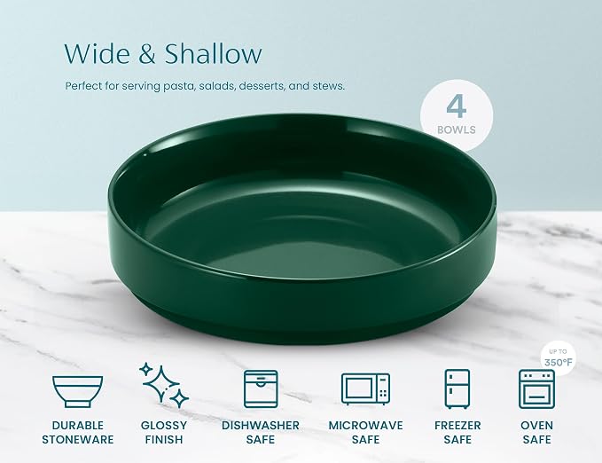 KooK Ceramic Large Pasta Bowls, Microwave and Dishwasher Safe, Great for Soups and Salads, Shallow Serving Bowls, Glossy Porcelain, 47 oz, Set of 4, Hunter Green