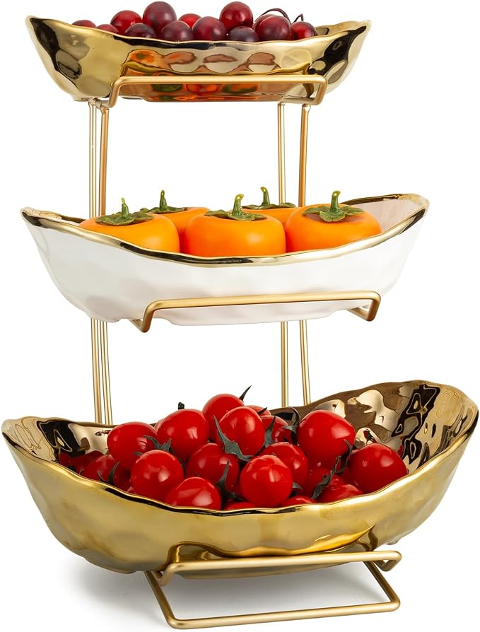 3-Tier Gold Fruit Bowl & Tray with Metal Stand - Ceramic White, Triple Layer for Snacks, Nuts, Bread & Candy Storage
