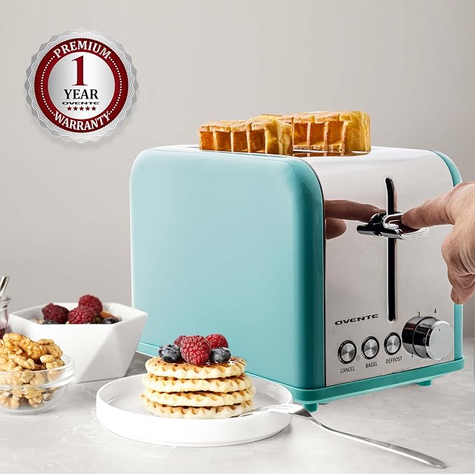 OVENTE 2-Slice Electric Toaster, 825W 6 Browning Setting, Turquoise TS2450T | Perfect for Bagel, and Defrost, with Cancel Functions, Extra-Wide Slots, Stainless Steel Retro Countertop Design