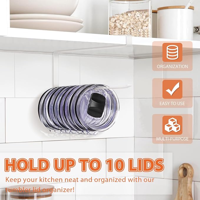 Tumbler Lid Organizer, Versatile Tumbler Lid Storage Holds 10 Lids, White | Space Saving Cup Lid Organizers Inside Cabinet Tumbler Lid Hook for Kitchen Organizer and Storage, Paper Towel Rack Hanger