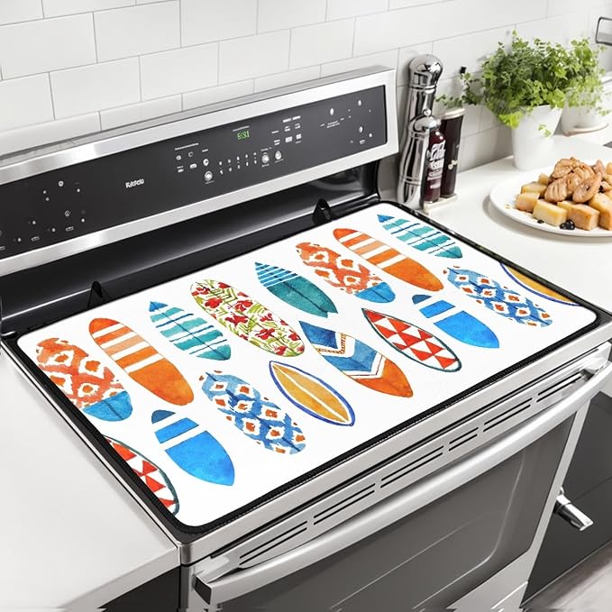 Wave Watercolor Surfboard Stove Top Covers for Electric Stove, Summer Beach Stylish Glass Stovetop Cover with Lanyard Surfboards Pattern Countertop Protector Mat for Kitchen 28 x 20 Inch