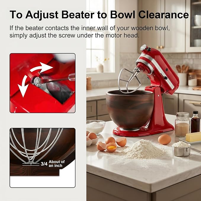 GVODE Wooden Bowl for KitchenAid 4.5-5 QT Tilt-Head Stand Mixer,Mixing Bowl | Solid Acacia, Fits Mixer Models (K45SS KSM150PS KSM175), Natural Handcrafted Wooden Bowl with Stainless Steel Locking