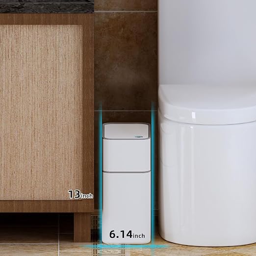 3.5 Gal Rechargeable Motion Sensor Bathroom Trash Can with Lid, Bag Suction | Water-resistant design, automatic liner suction and hands-free opening for bathrooms, bedrooms, kitchens and offices