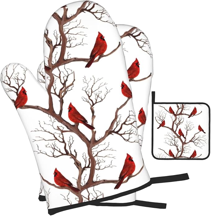 Winter Cardinal Birds Oven Mitts and Pot Holders Sets of 3 Hot Pads | Heat Resistant Washable Oven Gloves for Cooking Grilling Baking Christmas Holiday Kitchen Decor Cardinal Gifts for Women