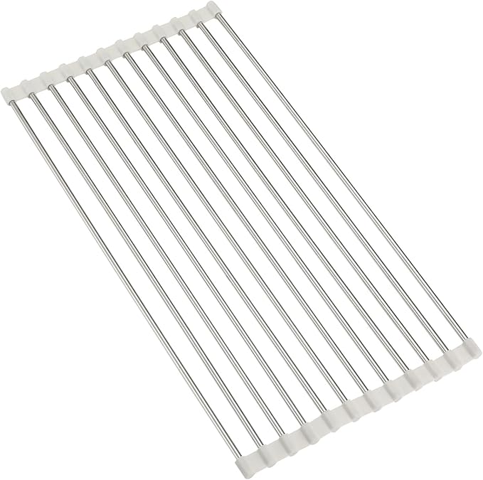 Roll Up Dish Drying Rack, Over Sink Multipurpose Rack, 17.6" x 9.3" Stainless Steel Foldable Dish Drainer, White