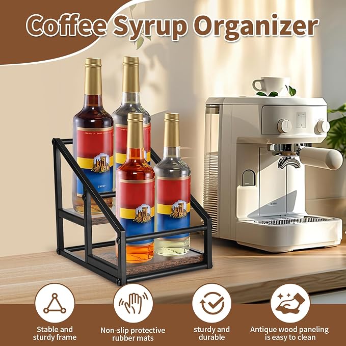 YQBRAO 2-Tier Coffee Syrup Organizer, 4-Bottle Rack, Rustic Brown | Holds 4 bottles in a narrow two-tier footprint for small counters, coffee corners, apartments, and bar carts.