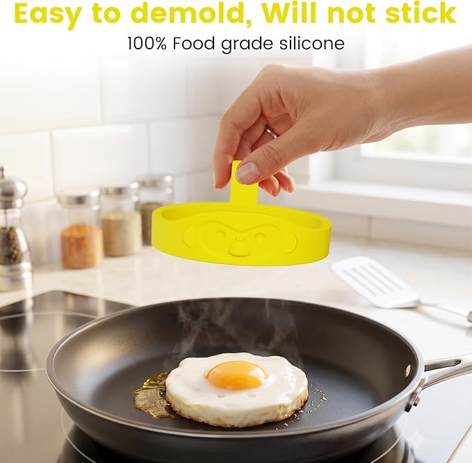 Egg Ring 4 Pack Silicone Rings for Frying Eggs, Non Stick Fried Egg Cooker Ring, Cute Animal Designs Gifts for Family Friends, 4-inch Round Egg Mold for Pancakes Breakfast Sandwich Monkey